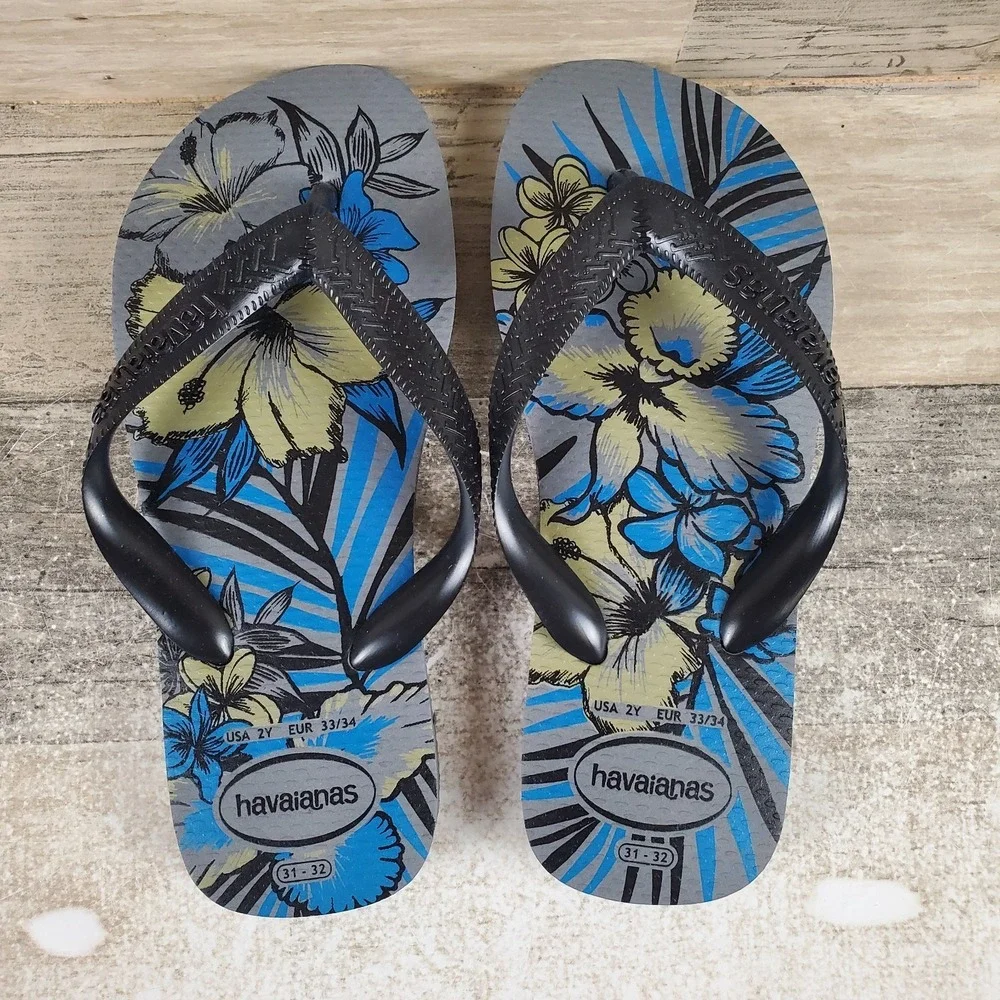 Havaianas Aloha Kids Flip Flop Sandals Sz 2 Black Blue‎ Rubber Floral Slip On